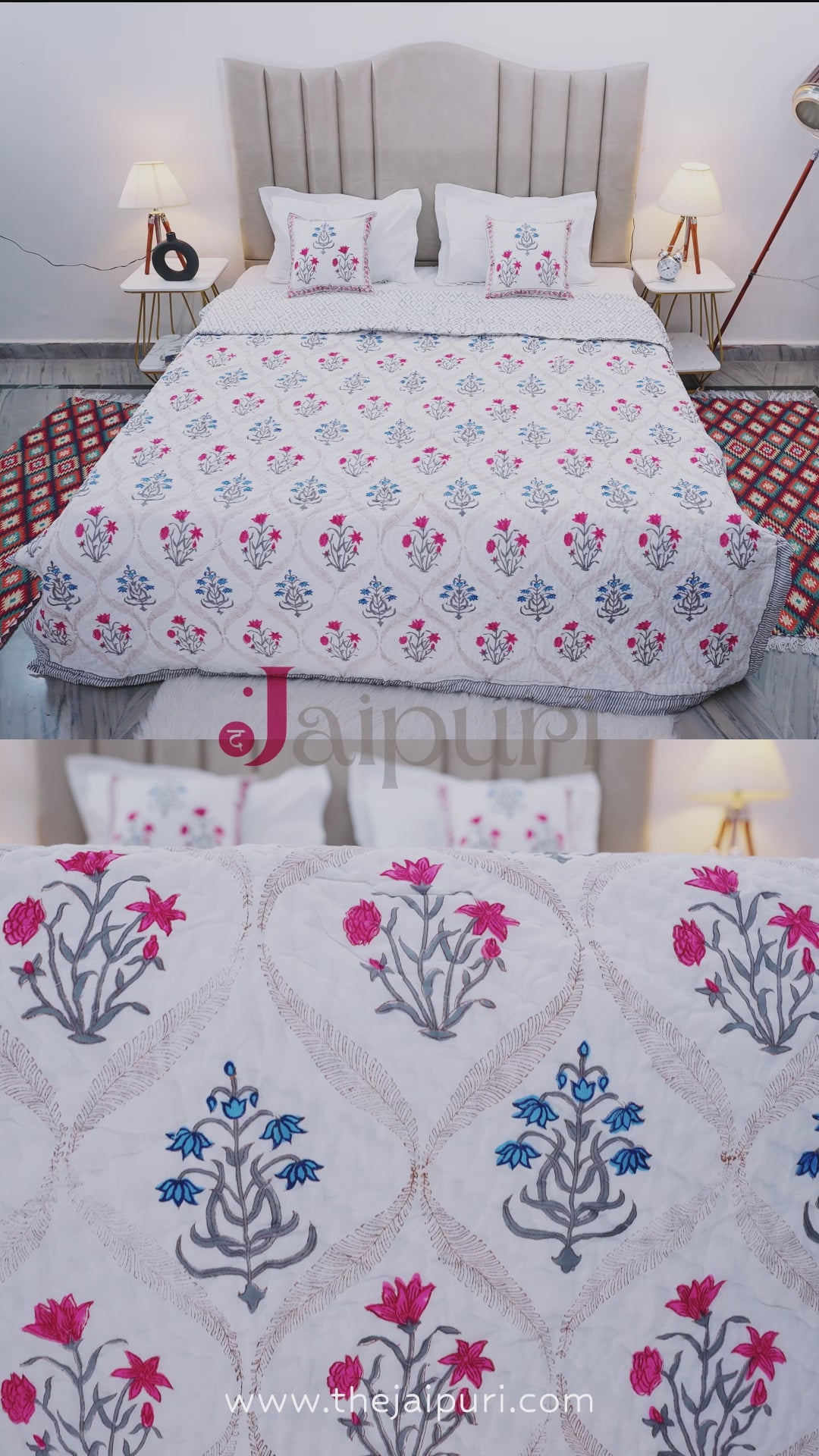 Jaipuri Block Print Quilts with Cushion Cover | 100% Pure Cotton | Block Print | Double Bed - Ananya