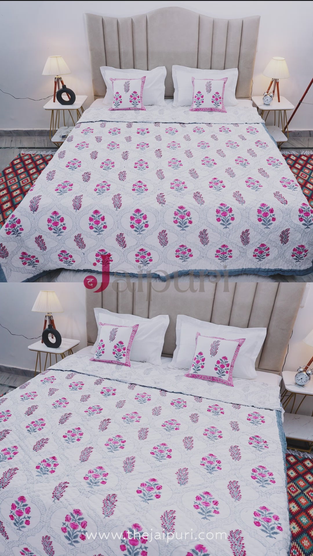 Jaipuri Block Print Quilts with Cushion Cover | 100% Pure Cotton | Block Print | Double Bed - Vidya