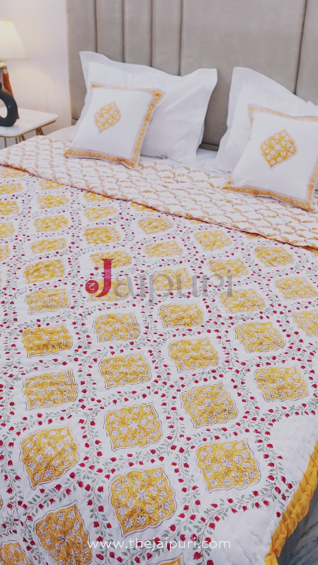 Jaipuri Block Print Quilts with Cushion Cover | 100% Pure Cotton | Block Print | Double Bed - Vaani