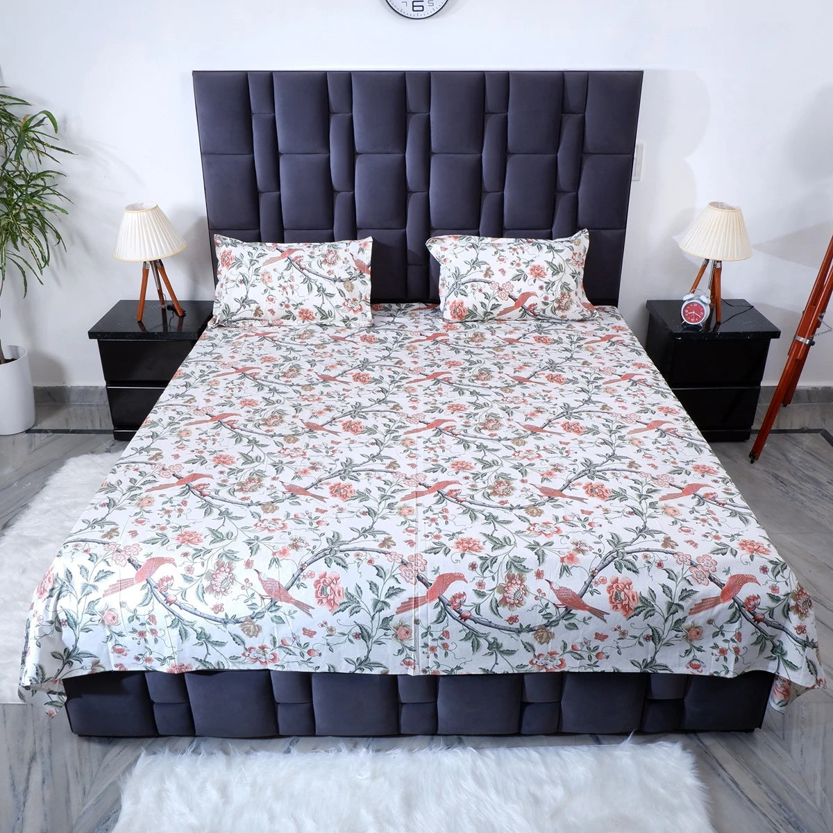 Floral patterned pure cotton bed sheet with matching pillow covers for elegant bedroom decor