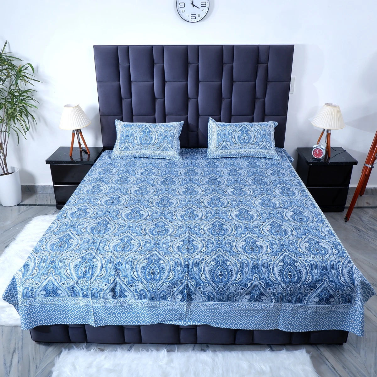 Elegant blue pure cotton bed sheet with matching pillow covers for a stylish bedroom decor