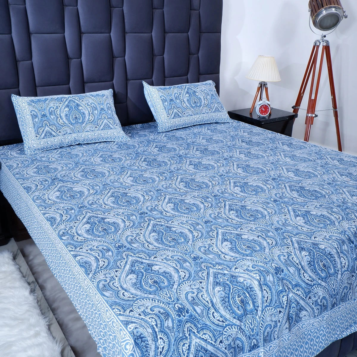 The Jaipuri pure cotton bed sheet in blue paisley design with matching pillow covers