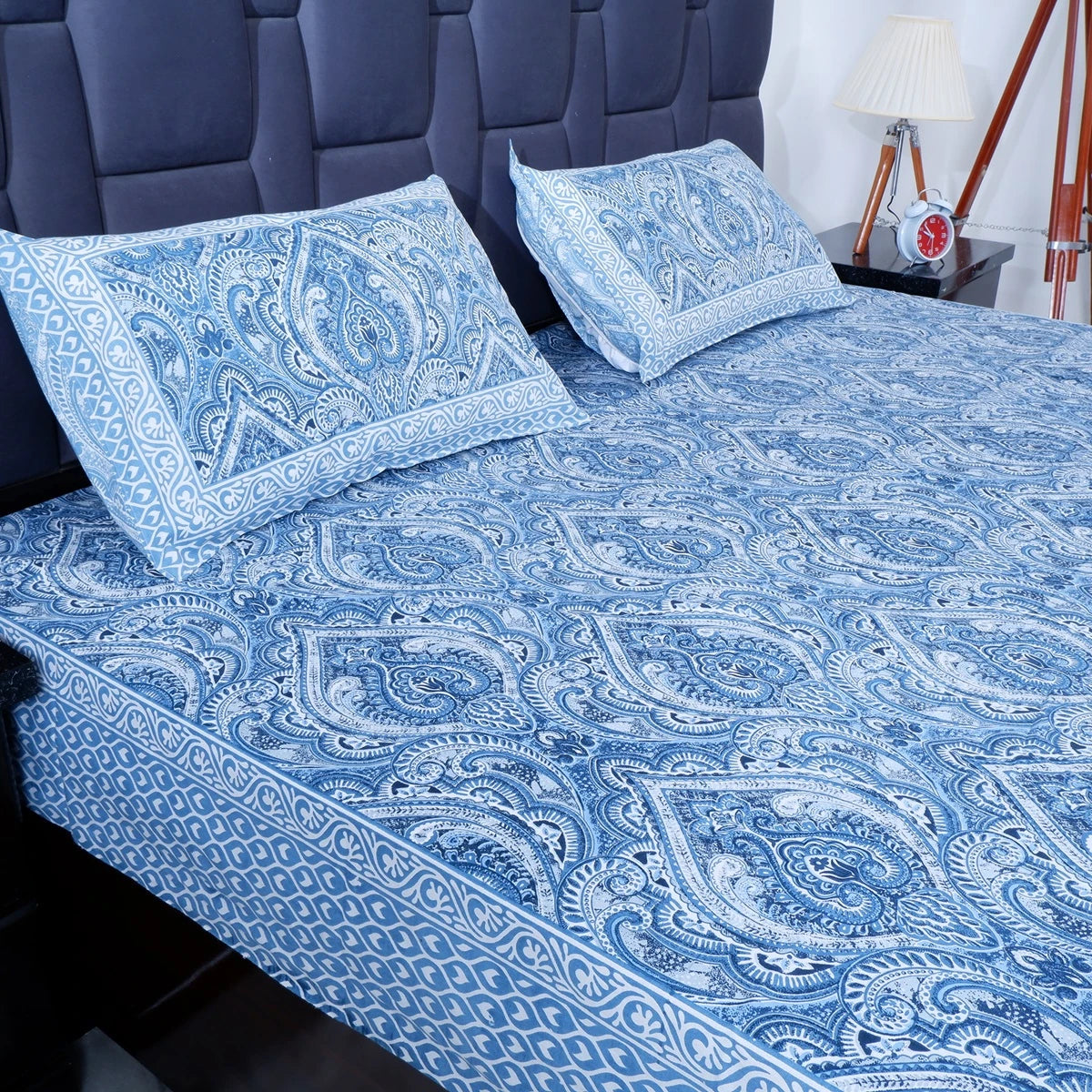 Blue paisley design pure cotton bed sheet set with matching pillow covers for comfortable bedding