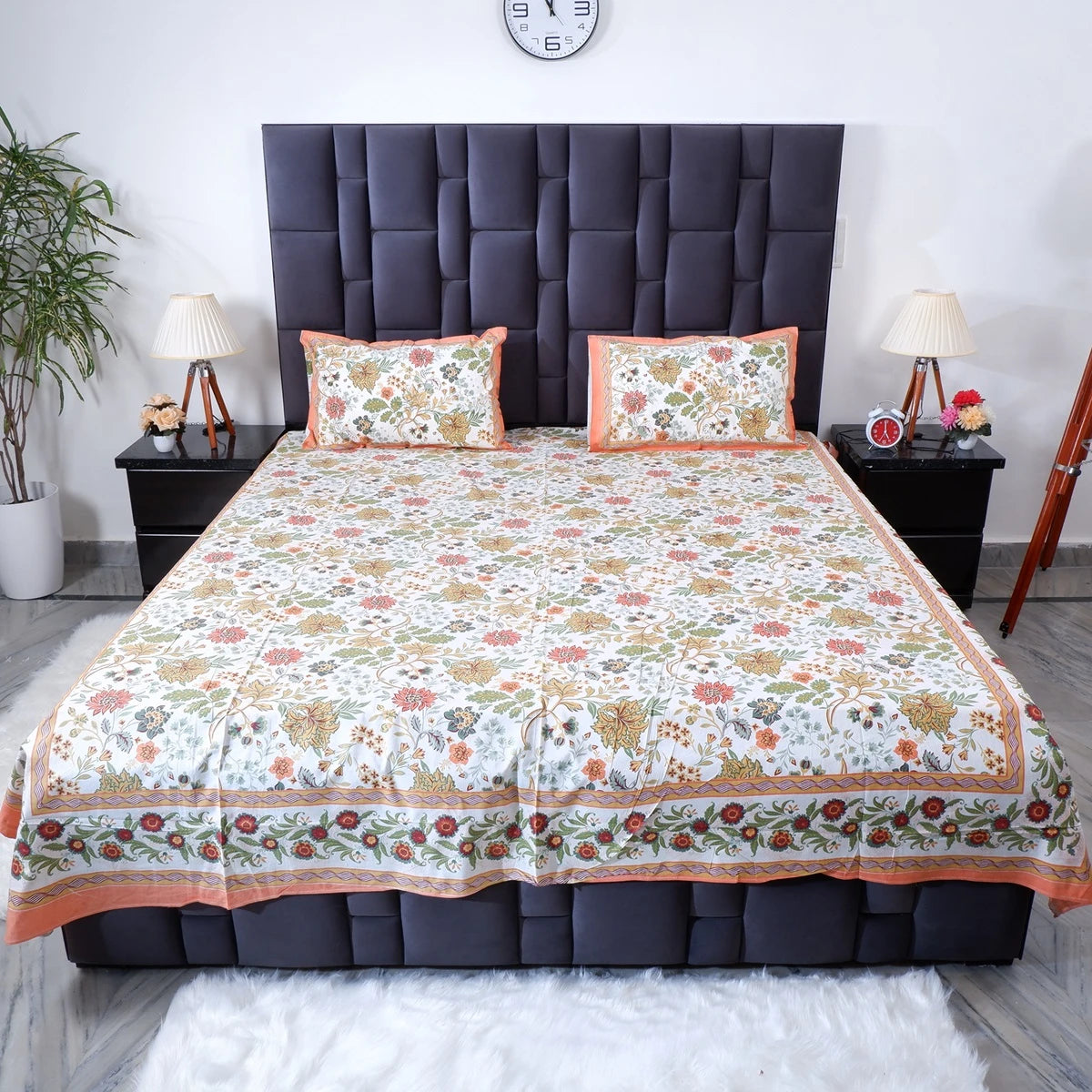 Elegant The Jaipuri pure cotton bed sheet with floral patterns and matching pillow covers for a stylish bedroom