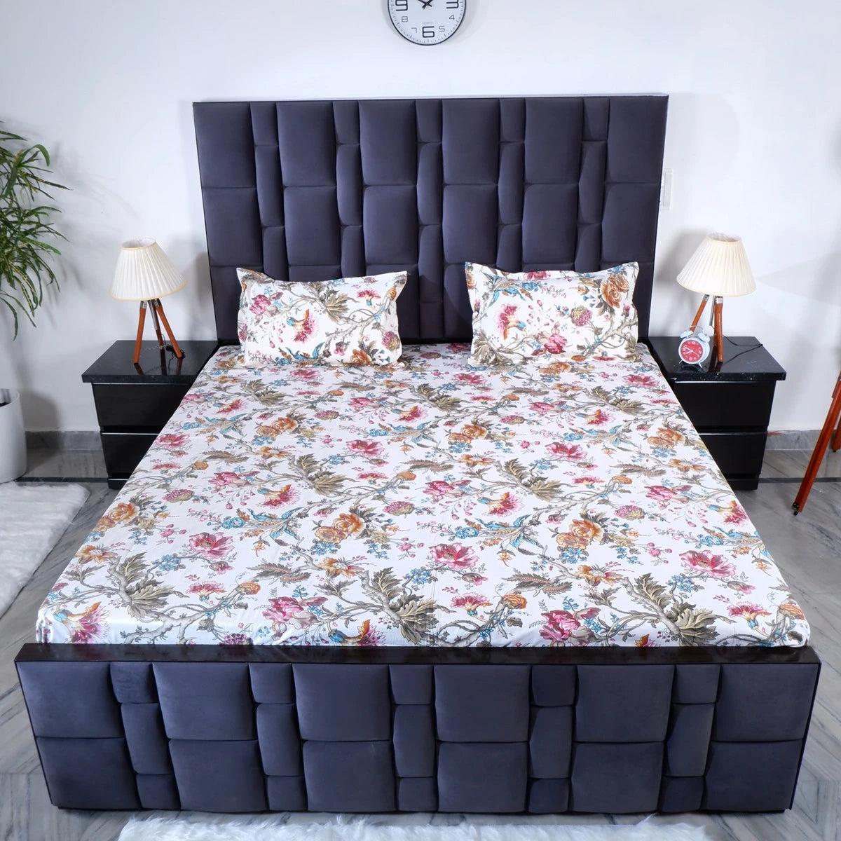 Floral patterned pure cotton bed sheet from The Jaipuri with matching pillow covers on a stylish bed