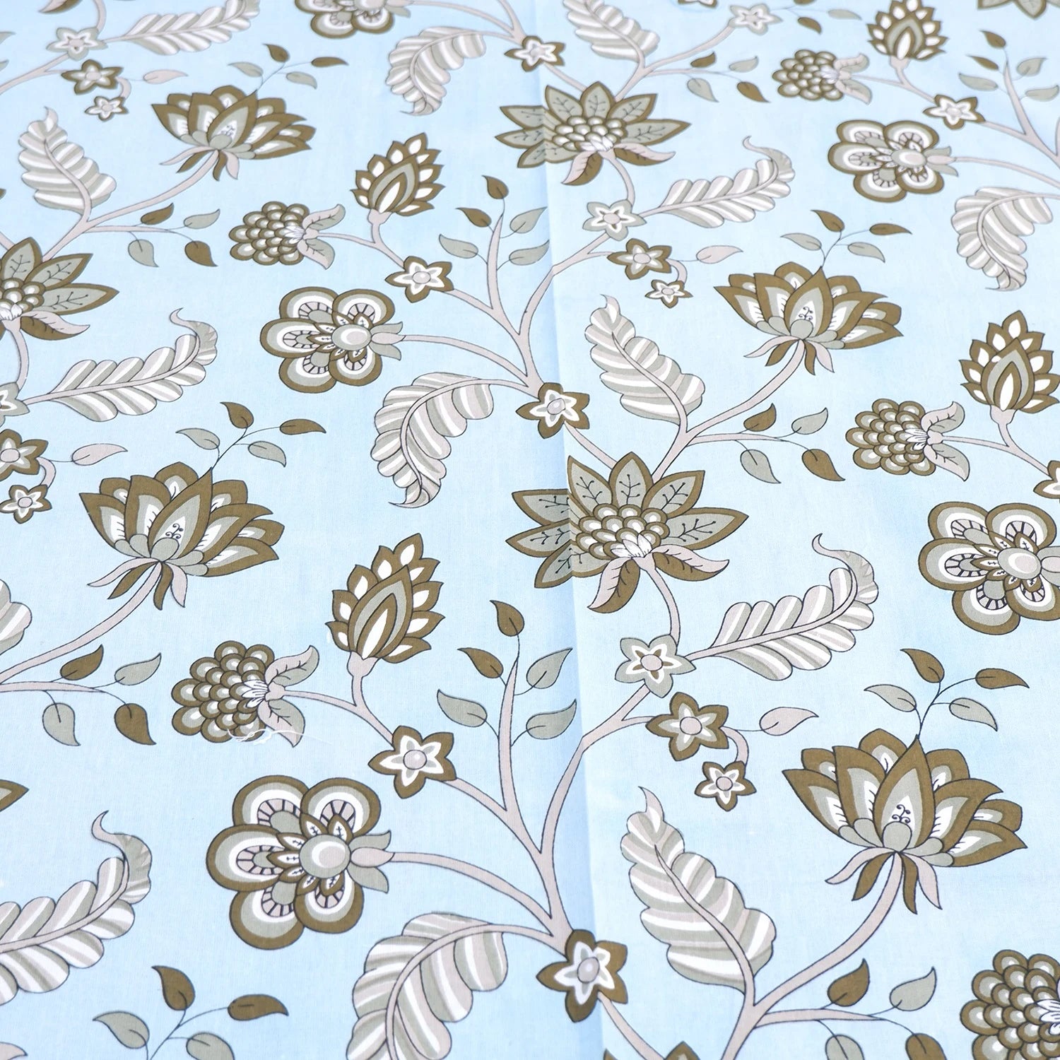 The Jaipuri Pure Cotton Bed Sheet with Floral Design on Light Blue Background