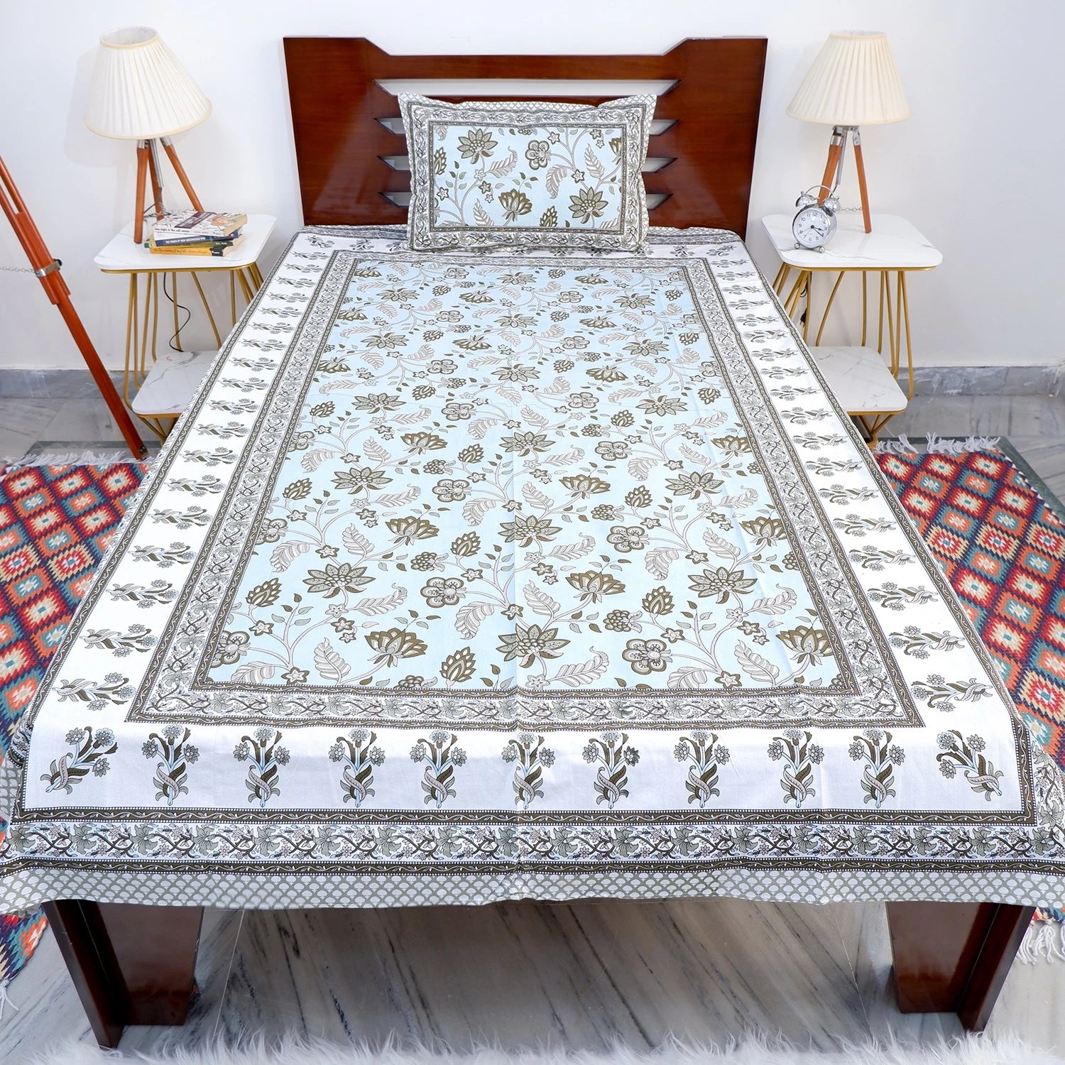 The Jaipuri pure cotton bed sheet in floral design with matching pillow cover for elegant bedroom decor