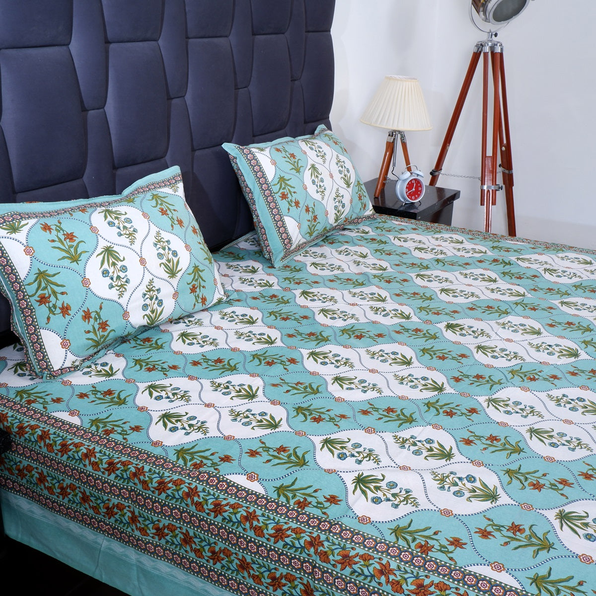 Pure cotton bed sheet Jaipur with intricate floral patterns and matching pillow covers in a soothing color palette