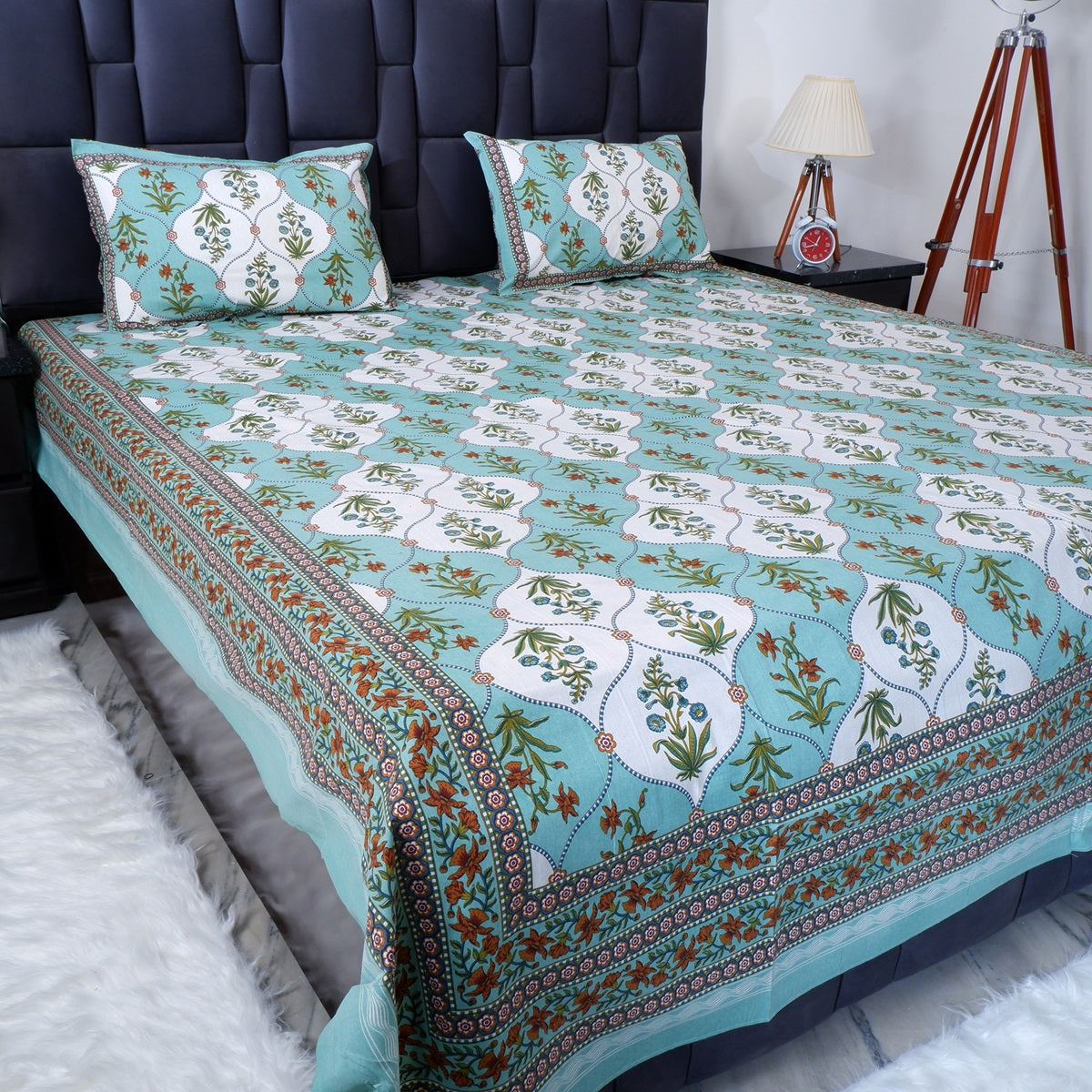 Pure cotton bed sheet Jaipur in teal with floral design and matching pillow covers for elegant bedroom decor