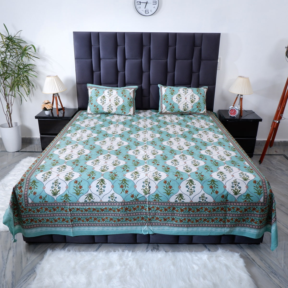 Pure cotton bed sheet Jaipur in turquoise with floral patterns, perfect for stylish bedroom decor