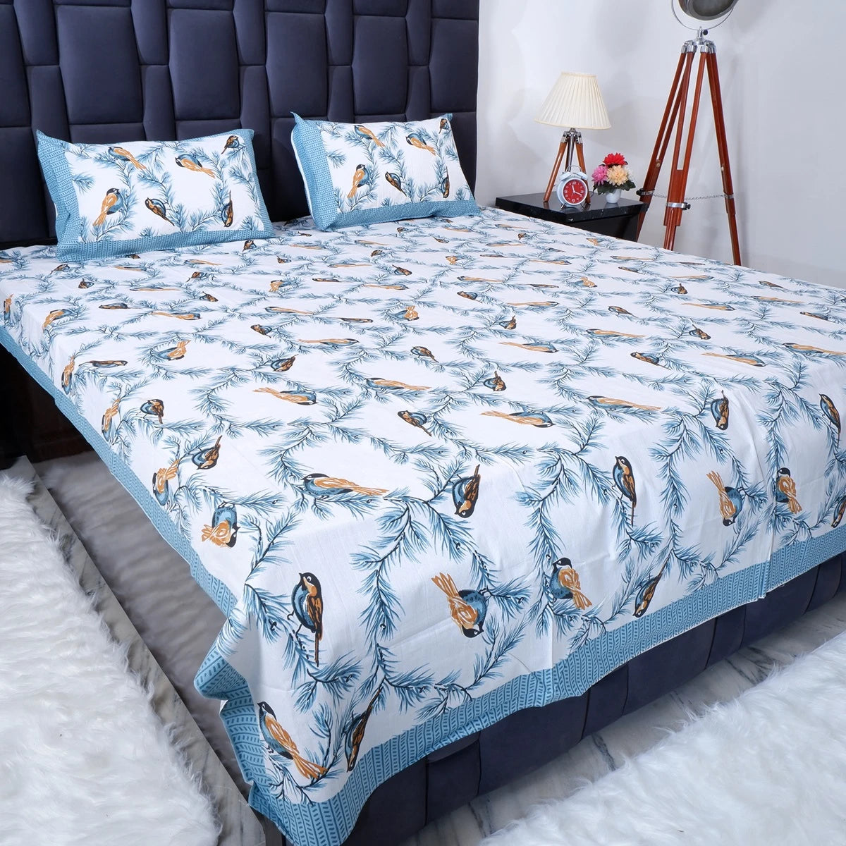 Pure cotton bed sheet Jaipur with vibrant bird and foliage design for stylish bedroom decor