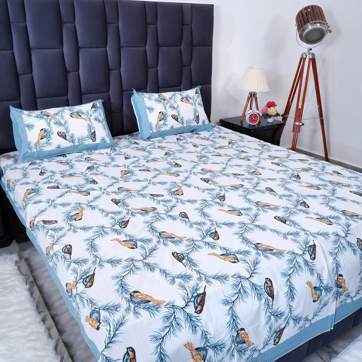 Pure cotton bed sheet Jaipur featuring a vibrant bird and foliage design with matching pillow covers
