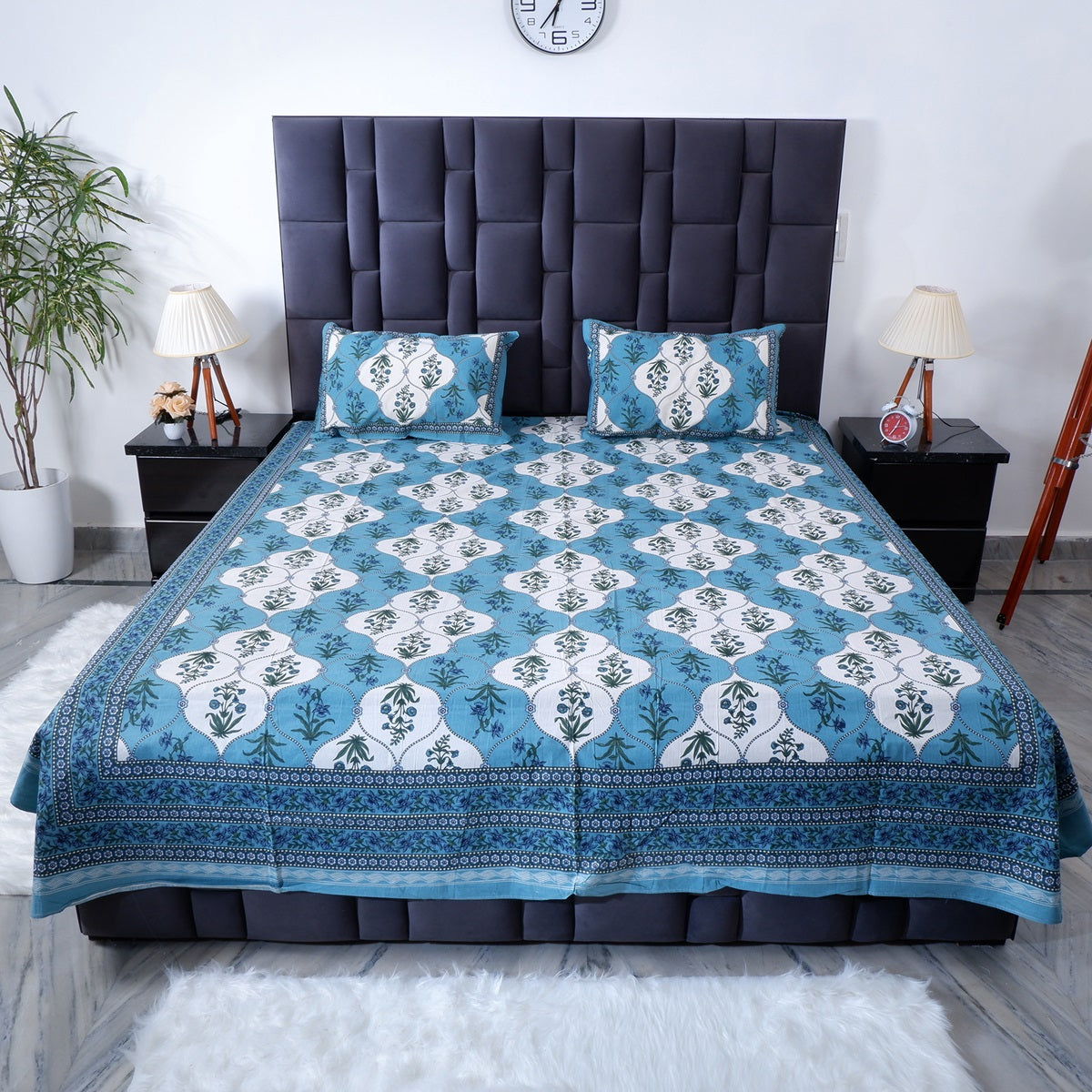 Pure cotton bed sheet Jaipur in blue floral design with matching pillow covers for stylish bedroom decor