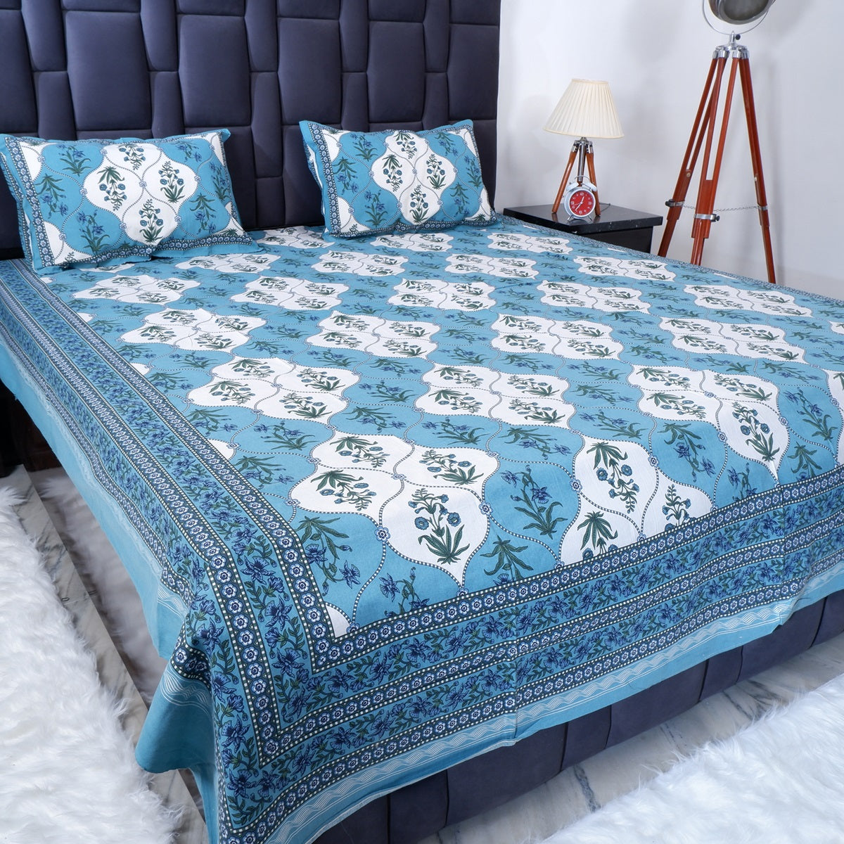 Pure cotton bed sheet Jaipur in blue floral design with matching pillowcases for a stylish bedroom