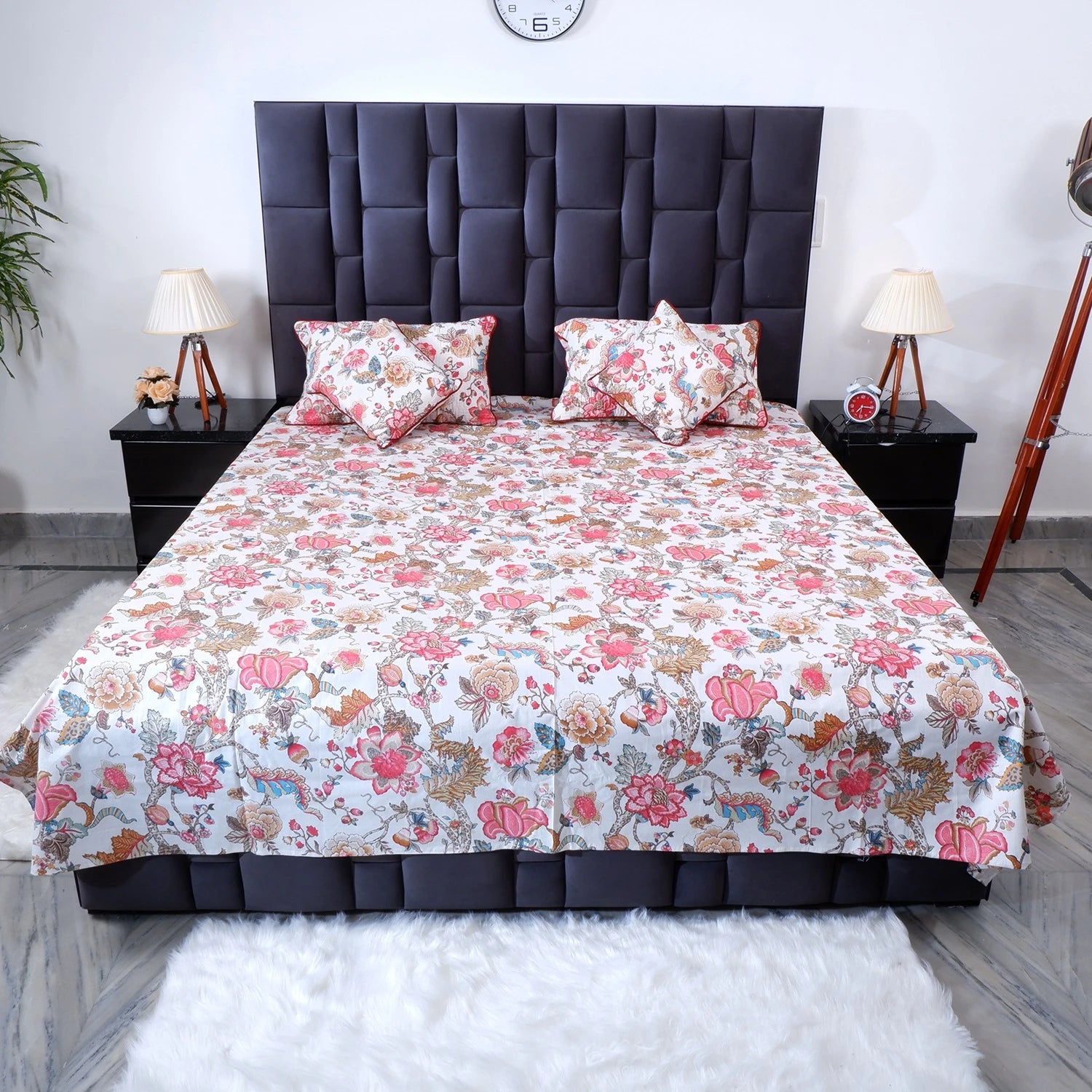 The Jaipuri pure cotton bed sheet Jaipur with floral design on a stylish bed setup