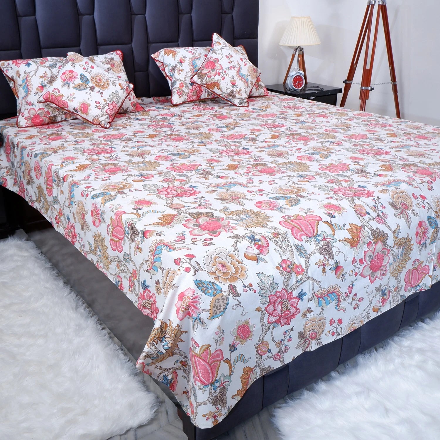 Pure cotton bed sheet Jaipur with floral patterns and matching pillows for a stylish bedroom decor