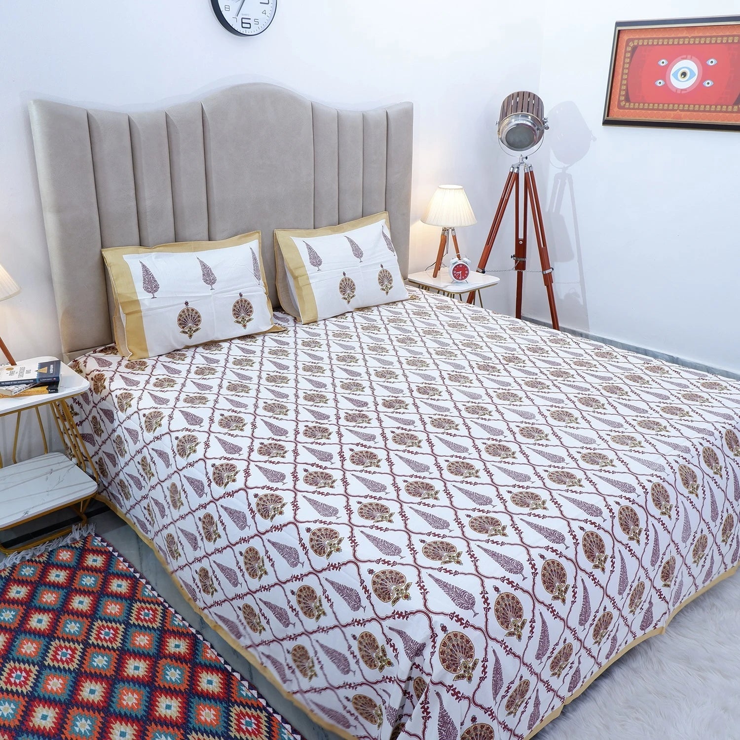 Elegant The Jaipuri pure cotton bed sheet Jaipur with intricate floral patterns in a cozy bedroom setting