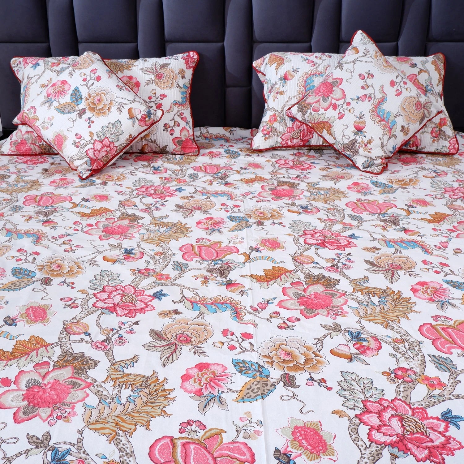 Pure cotton bed sheet Jaipur with vibrant floral patterns and matching decorative pillows