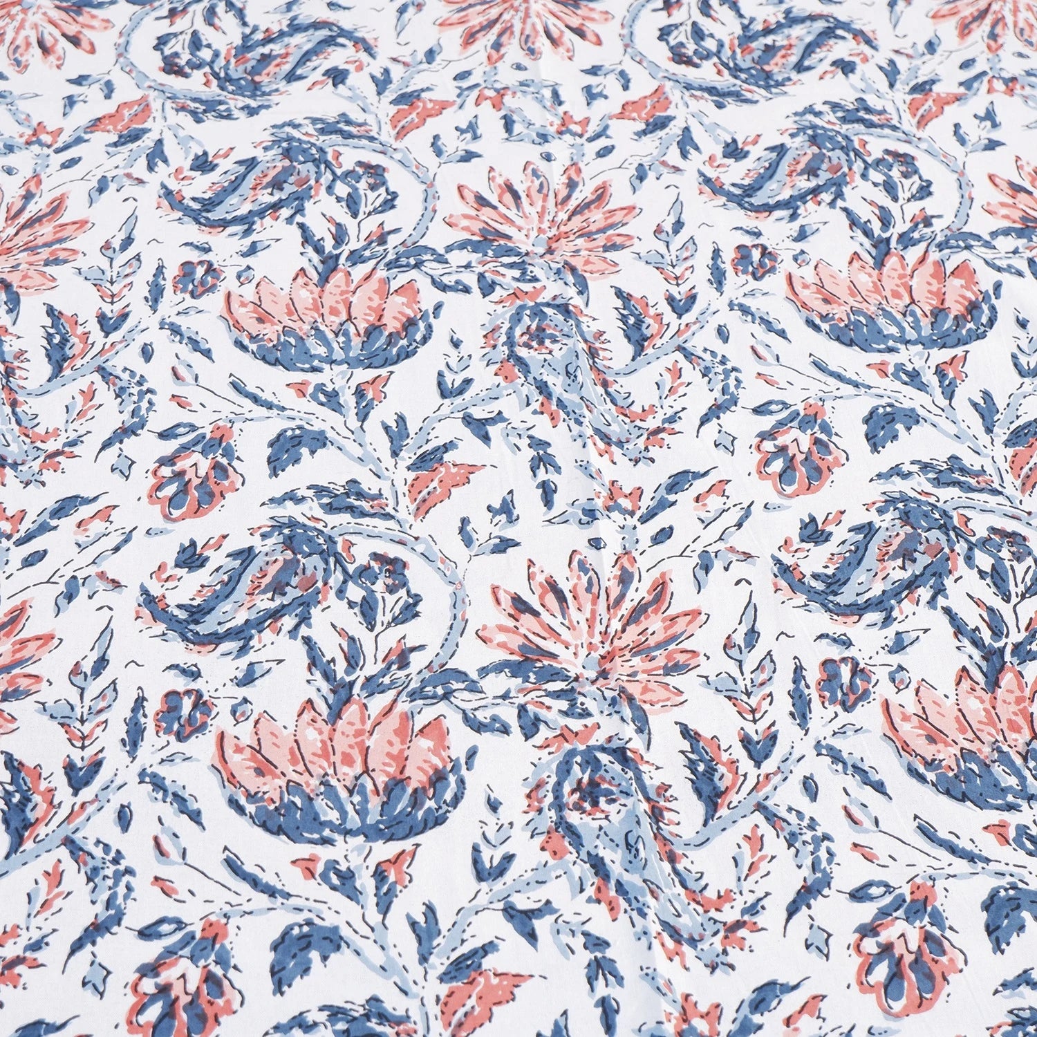 The Jaipuri pure cotton bed sheet online with intricate floral design in blue and red hues