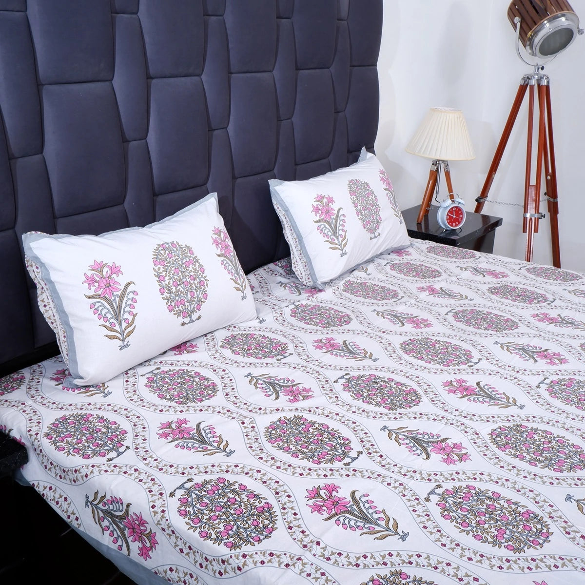 The Jaipuri pure cotton bed sheet online with floral print and matching pillow covers for stylish bedding