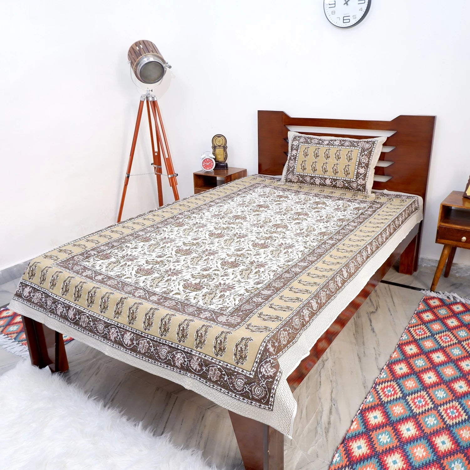 The Jaipuri pure cotton bed sheet online with intricate floral patterns in earthy tones