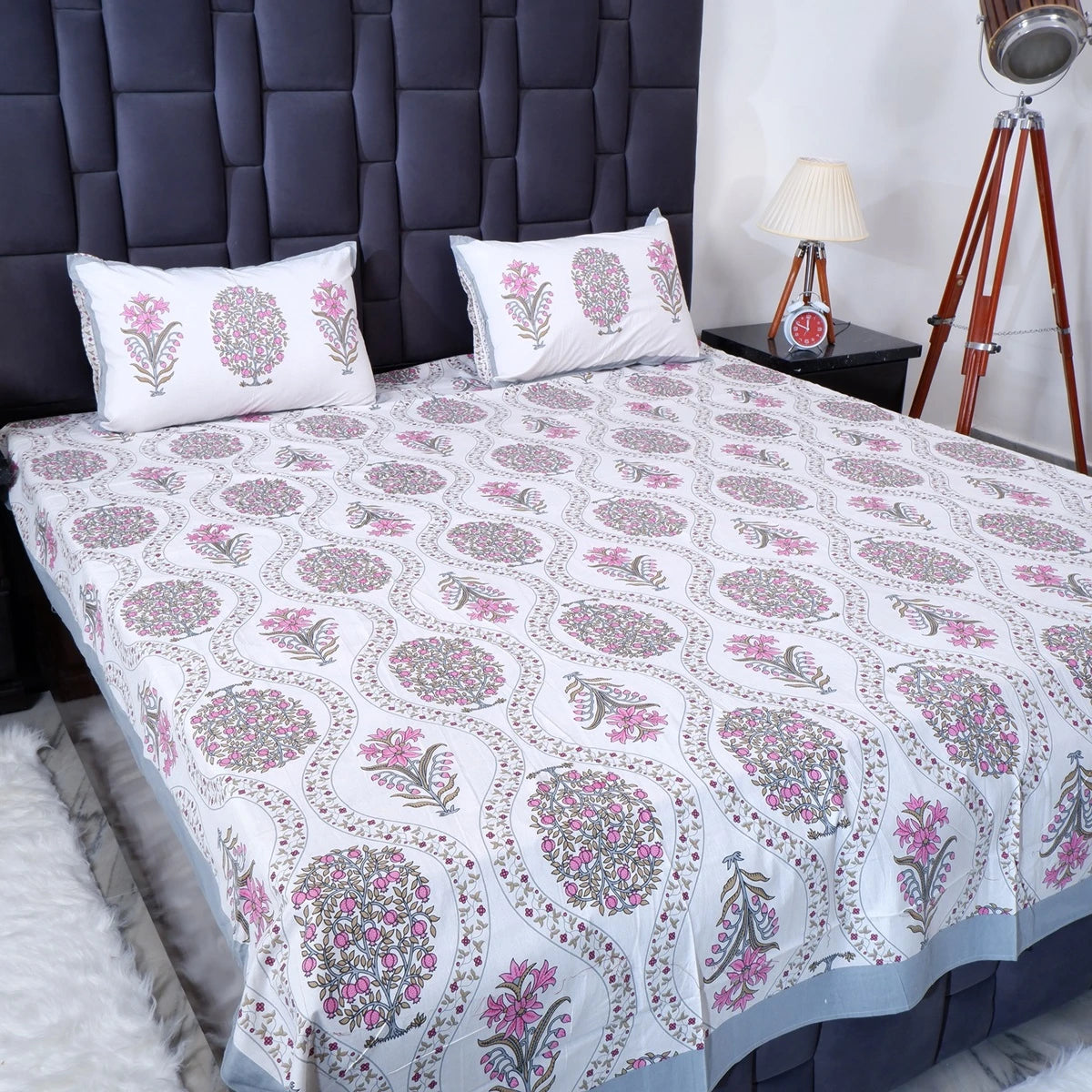 Elegant The Jaipuri pure cotton bed sheet online with floral pattern and matching pillow covers