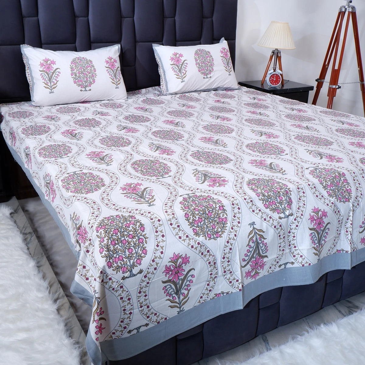 The Jaipuri pure cotton bed sheet online with floral pattern and matching pillow covers