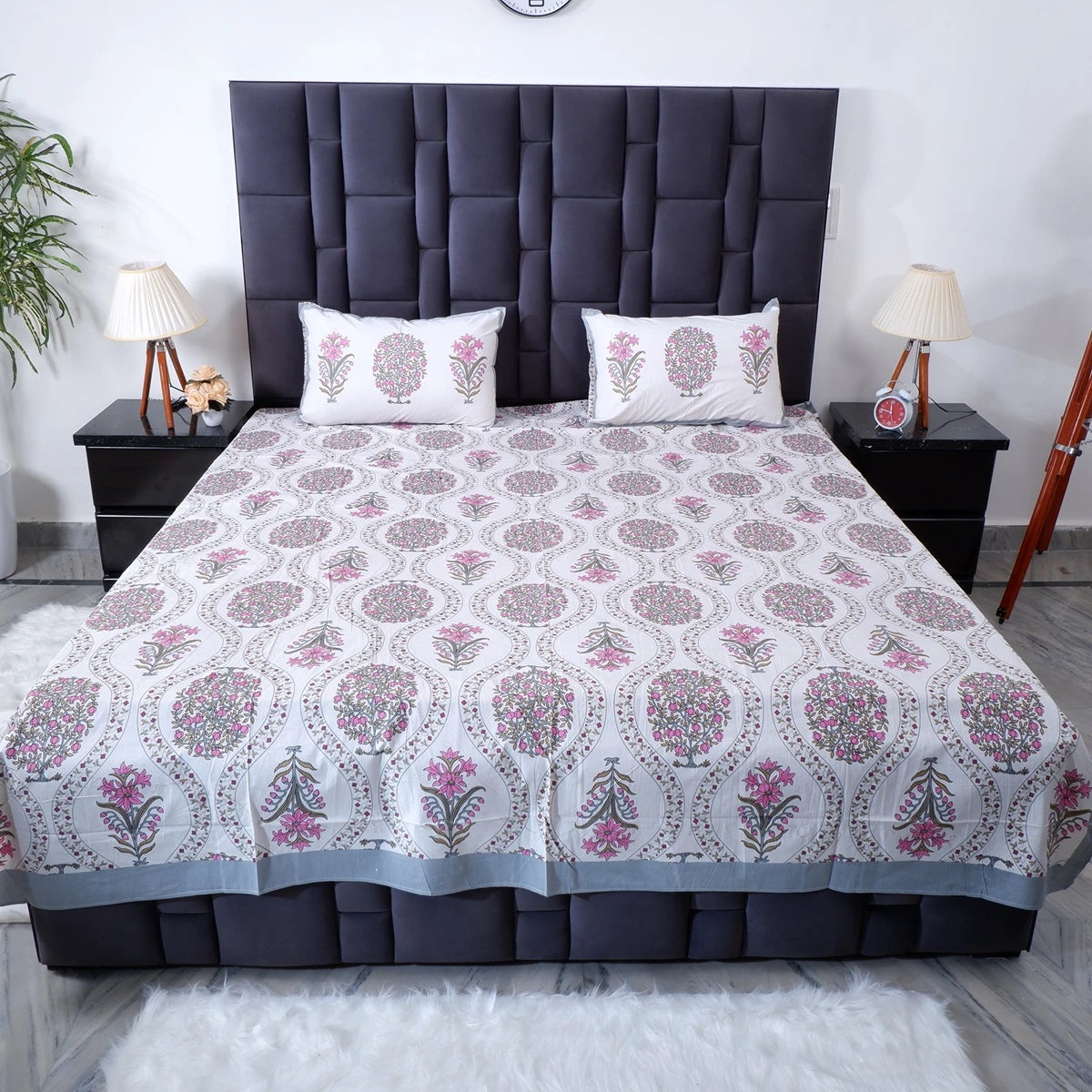 Elegant The Jaipuri pure cotton bed sheet online with floral design and matching pillow covers