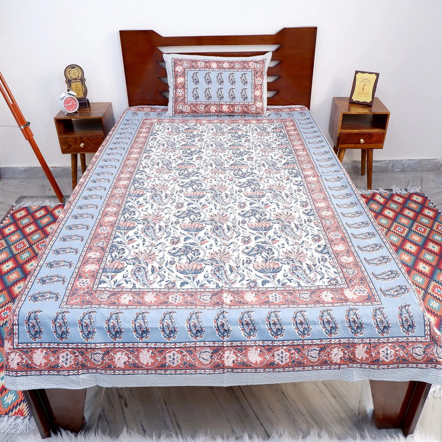 Jaipuri pure cotton bed sheet online with intricate floral patterns and matching pillow cover