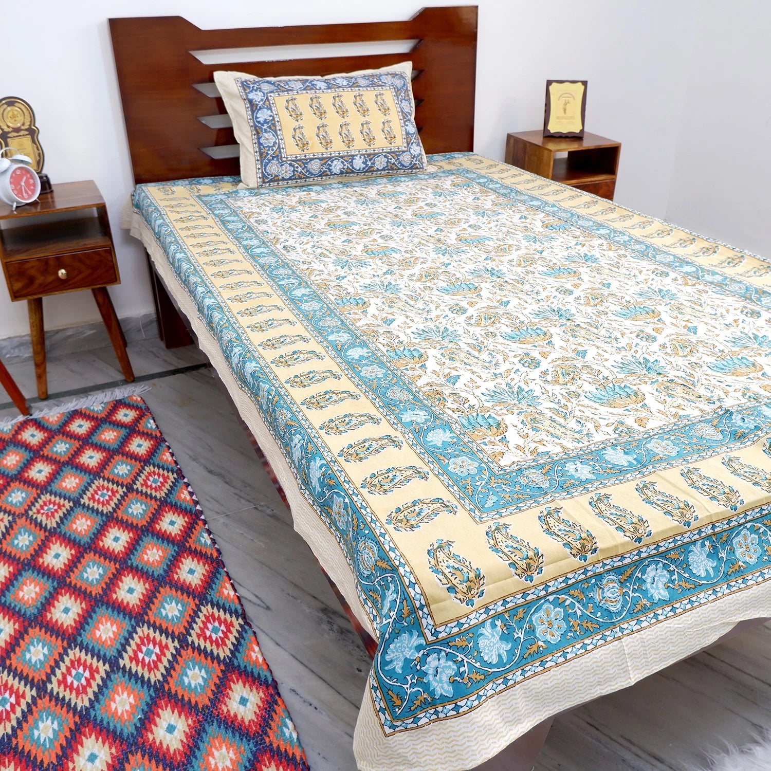 The Jaipuri pure cotton bed sheet online in intricate floral design and vibrant colors