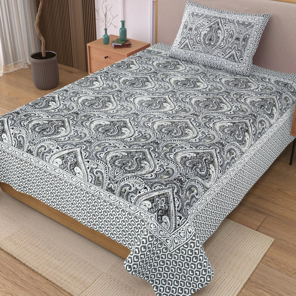 Jaipuri Cotton Single Bedsheet Set – Black & White Paisley Print (70X100 inches)
