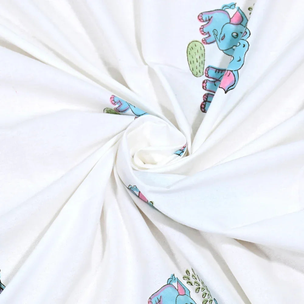 Cute Elephants Block Printed Kids Cotton Bedsheet - Single Bed Size (60X90 Inches)