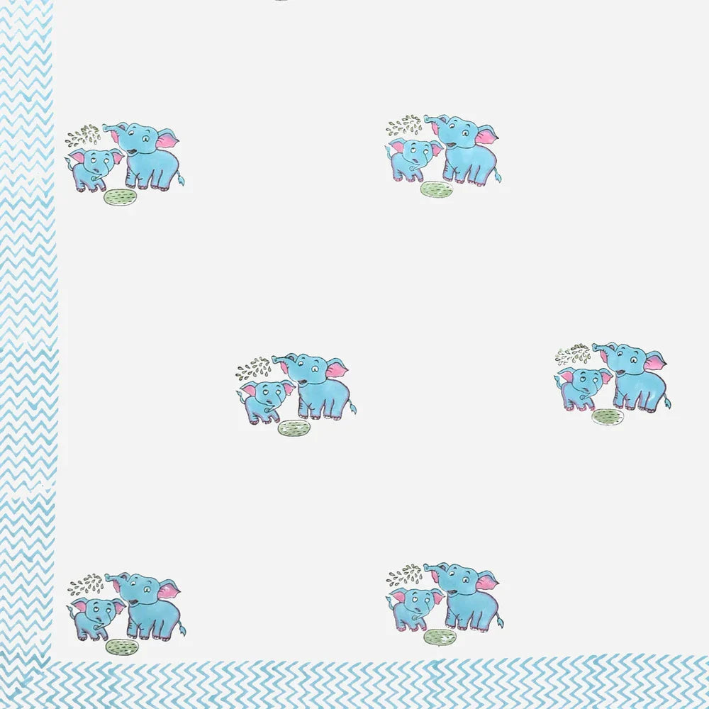 Cute Elephants Block Printed Kids Cotton Bedsheet - Single Bed Size (60X90 Inches)
