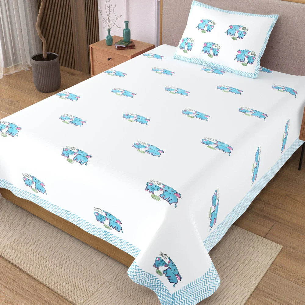 Cute Elephants Block Printed Kids Cotton Bedsheet - Single Bed Size (60X90 Inches)