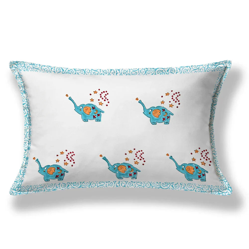 Blue Elephant Block Printed Kids Cotton Bedsheet - Single Bed Size (60X90 Inches)