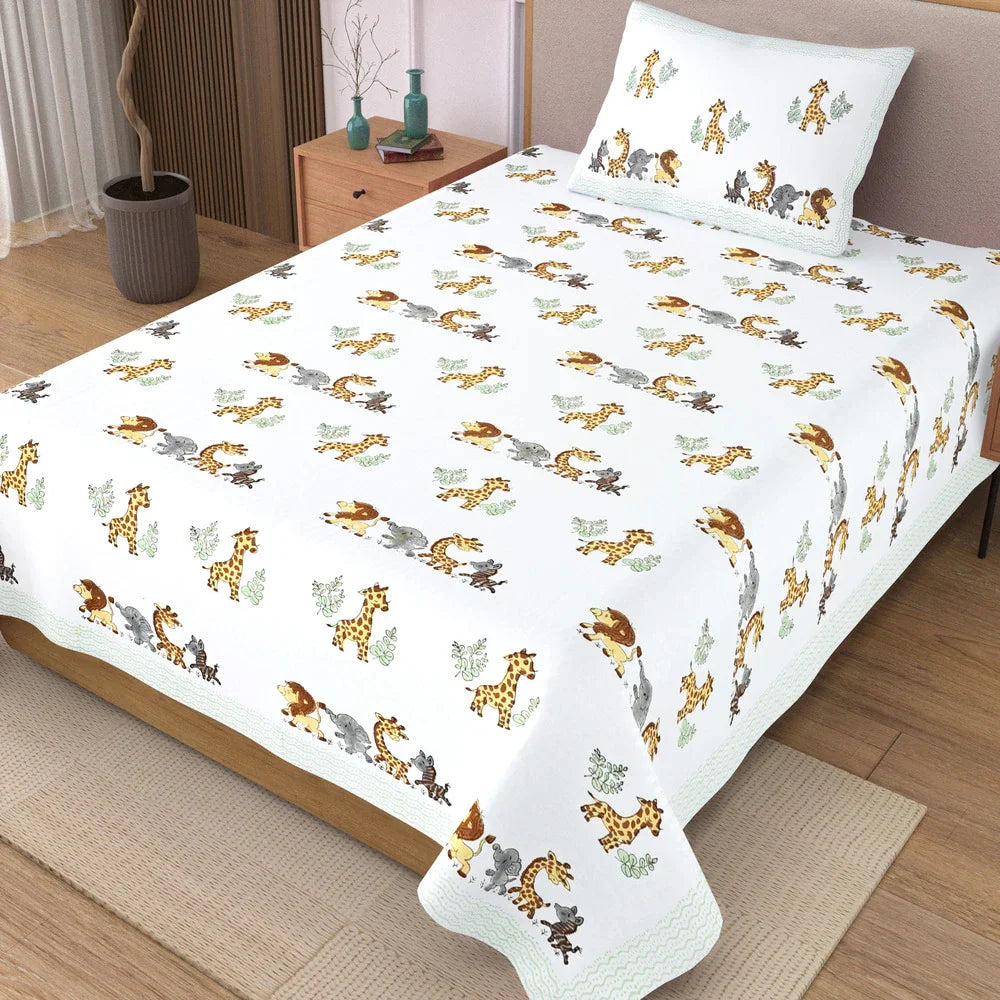 Jungle Safari Block Printed Kids Cotton Bedsheet - Single Bed Size (60X90 Inches)