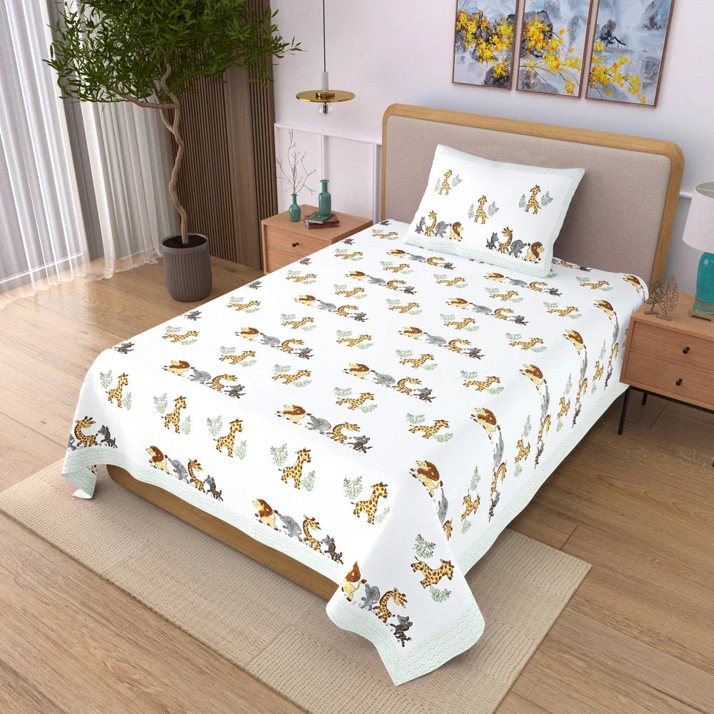 Jungle Safari Block Printed Kids Cotton Bedsheet - Single Bed Size (60X90 Inches)