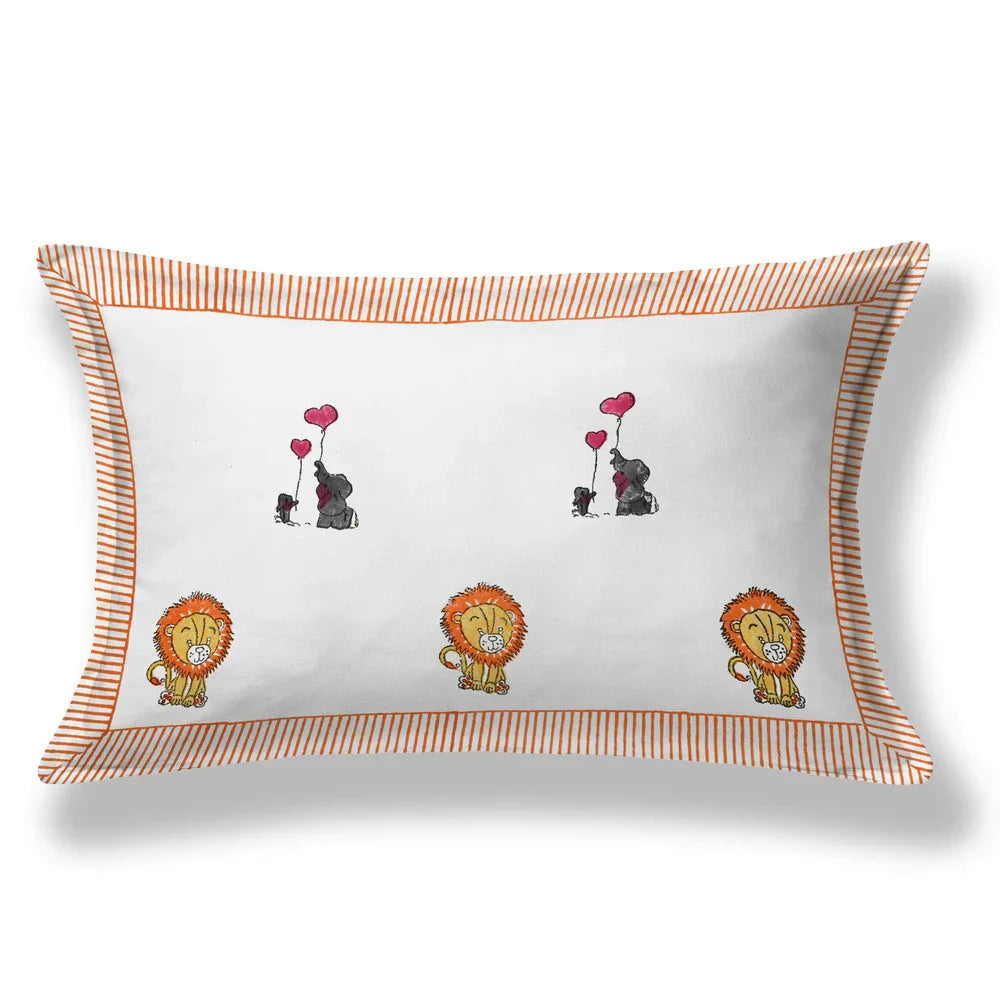 Lion & Elephant Block Printed Kids Cotton Bedsheet - Single Bed Size (60X90 Inches)