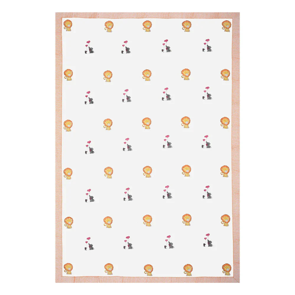 Lion & Elephant Block Printed Kids Cotton Bedsheet - Single Bed Size (60X90 Inches)