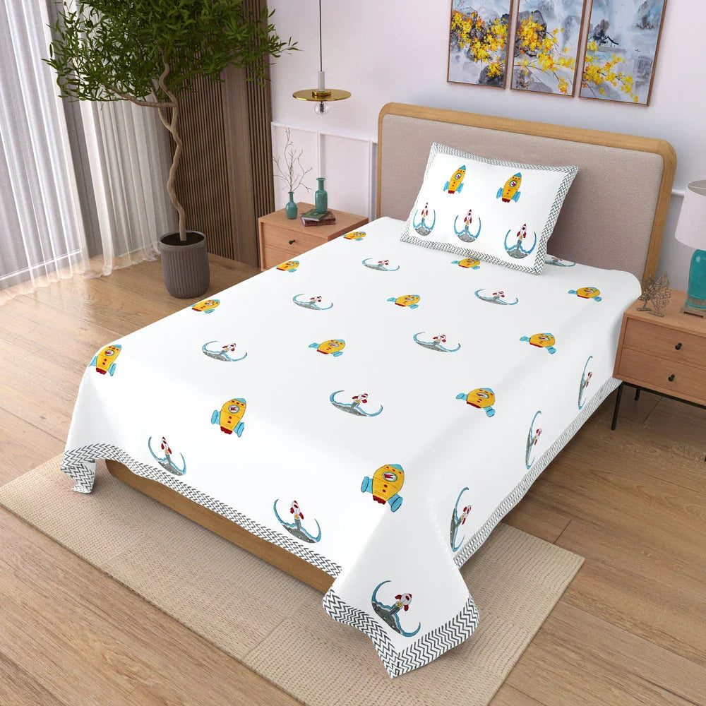 Rocket Space Block Printed Kids Cotton Bedsheet - Single Bed Size (60X90 Inches)