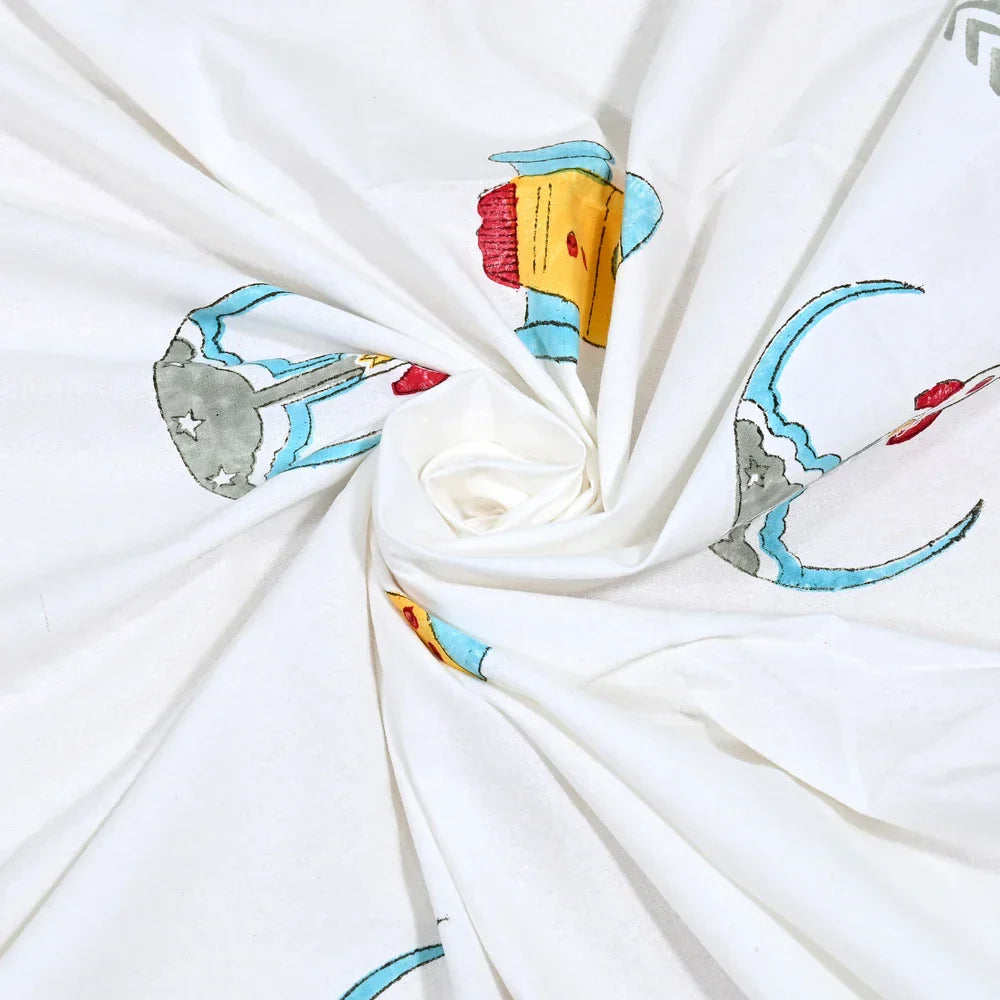 Rocket Space Block Printed Kids Cotton Bedsheet - Single Bed Size (60X90 Inches)