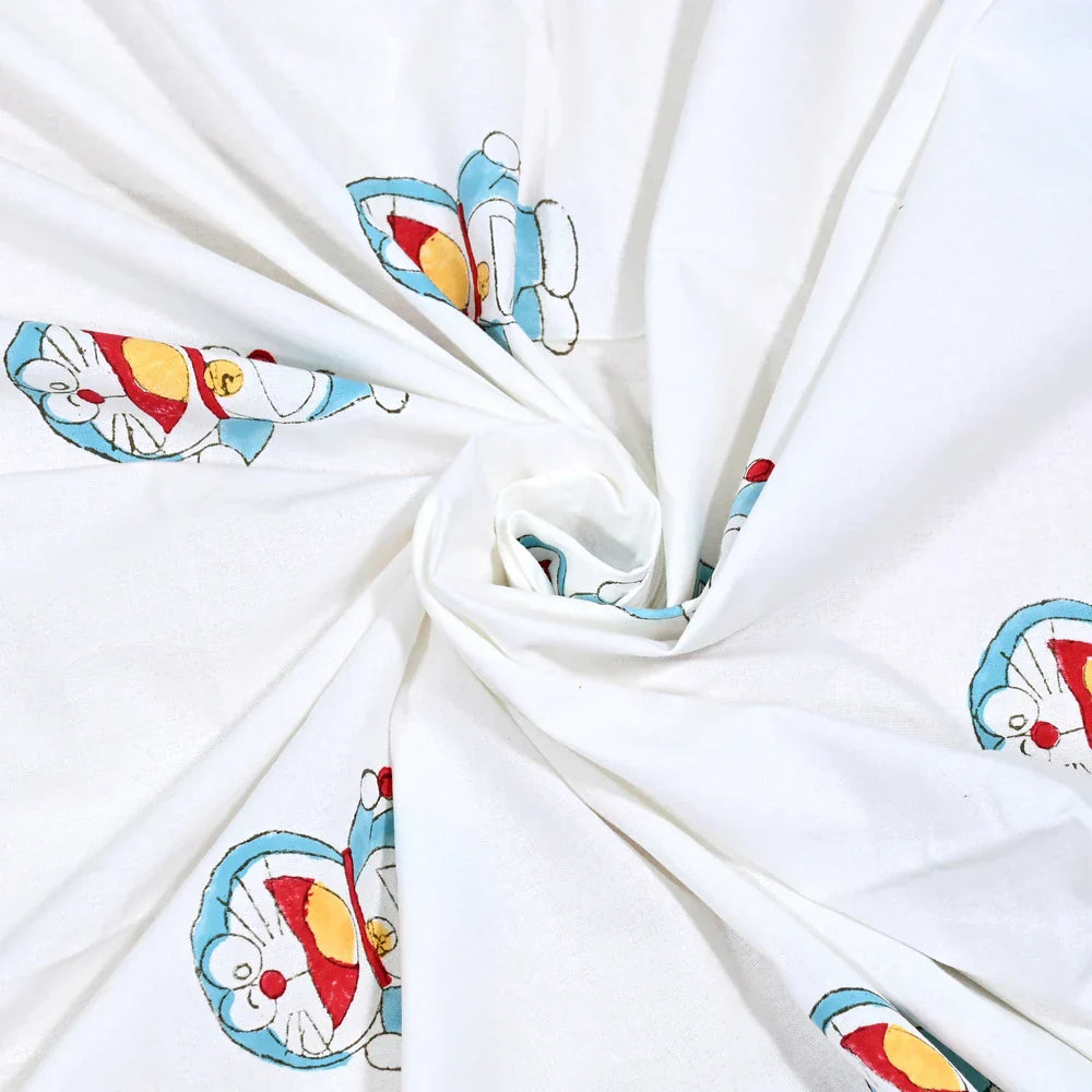 Doraemon Block Printed Kids Cotton Bedsheet - Single Bed Size (60X90 Inches)