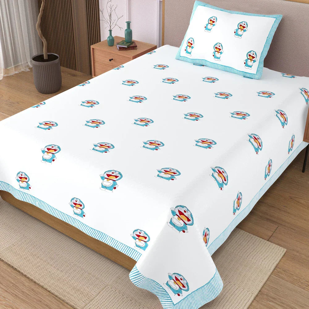 Doraemon Block Printed Kids Cotton Bedsheet - Single Bed Size (60X90 Inches)