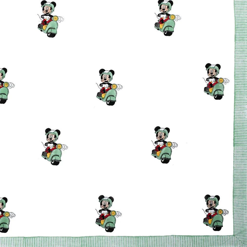 Mickey Scooter Block Printed Kids Cotton Bedsheet - Single Bed Size (60X90 Inches)