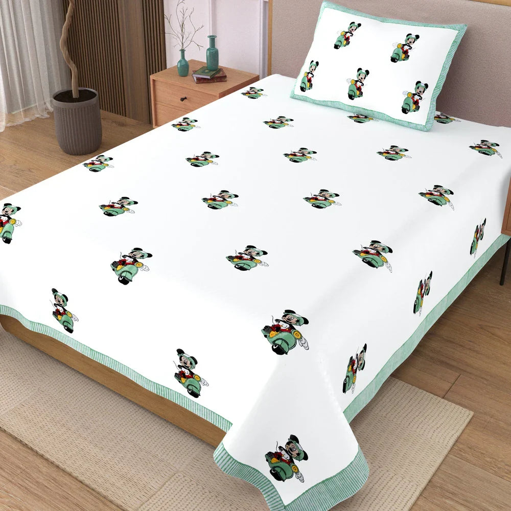 Mickey Scooter Block Printed Kids Cotton Bedsheet - Single Bed Size (60X90 Inches)